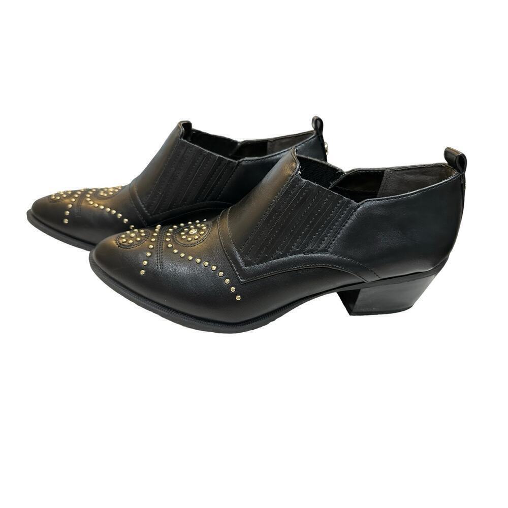 Black Studded Western Low Heel Ankle Shoes - Women